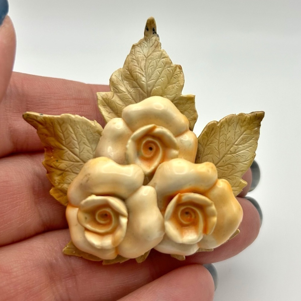 Vintage Beige Cream Textured Roses with Leaves Brooch Statement Unique Rare